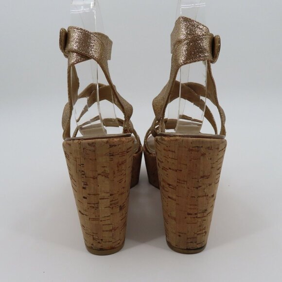 Stuart Weitzman Women 9M Gold Glitter Cork Platform Wedge Sandals Strappy Shoes - Picture 6 of 13